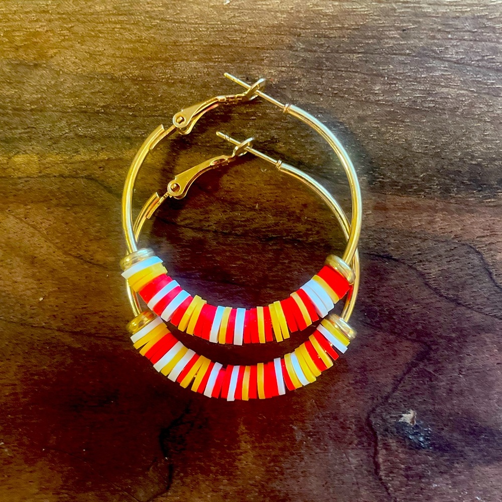Handmade red and yellow small hoop earrings in rose gold